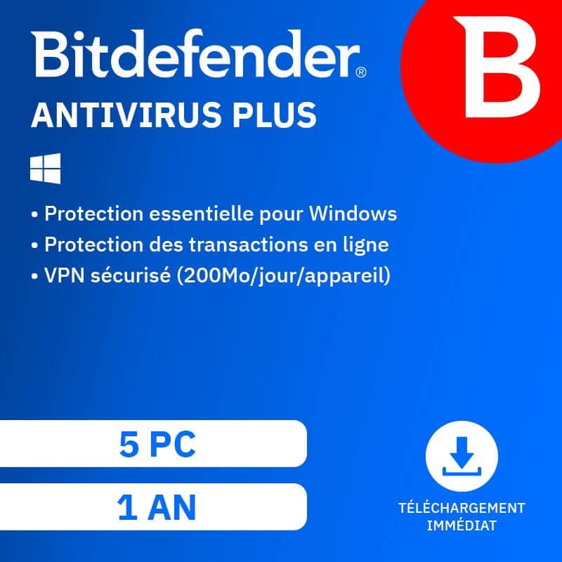 Bitdefender Antivirus Plus 2026 | Renouvellement automatique | 5 PC | 1 An | Téléchargement