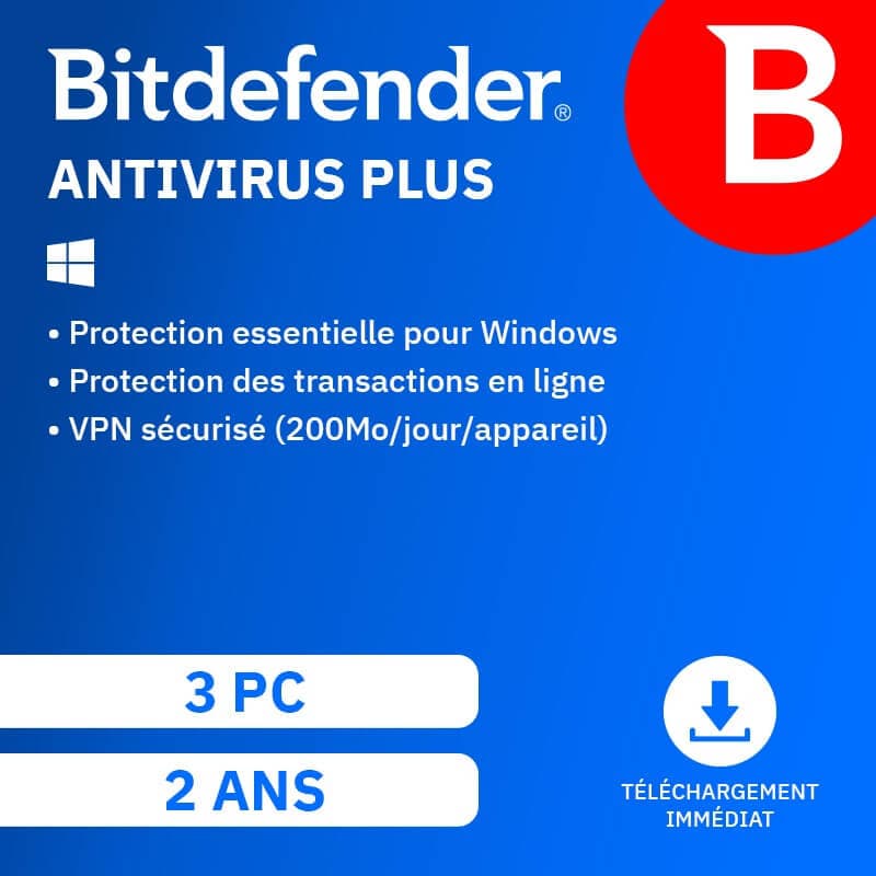Bitdefender Antivirus Plus 2026 | Renouvellement automatique | 3 PC | 2 Ans | Téléchargement