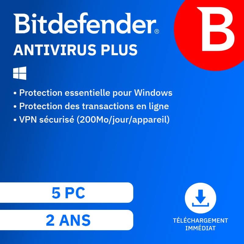 Bitdefender Antivirus Plus 2026 | Renouvellement automatique | 5 PC | 2 Ans | Téléchargement